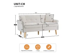 Sofá de 2 plazas con reposabrazos y cojines, chenilla beige, patas de madera - para salón y dormitorio