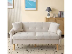 Sofá de 2 plazas con reposabrazos y cojines, chenilla beige, patas de madera - para salón y dormitorio