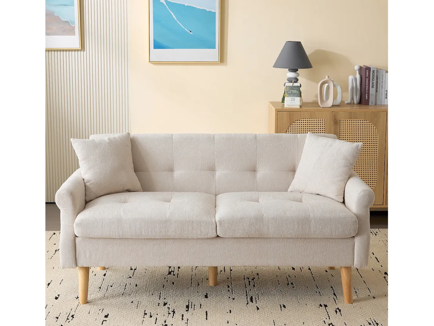 Sofá de 2 plazas con reposabrazos y cojines, chenilla beige, patas de madera - para salón y dormitorio