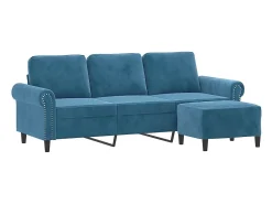 Sofá de 3 plazas con taburete de terciopelo azul 180 cm