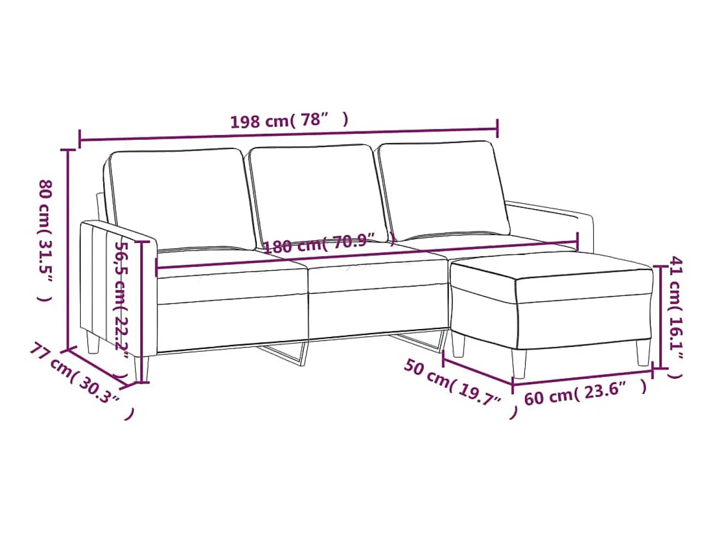 Sofá de 3 plazas con taburete de terciopelo marrón 180 cm