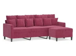 Sofá de 3 plazas con taburete de terciopelo rojo tinto 180 cm