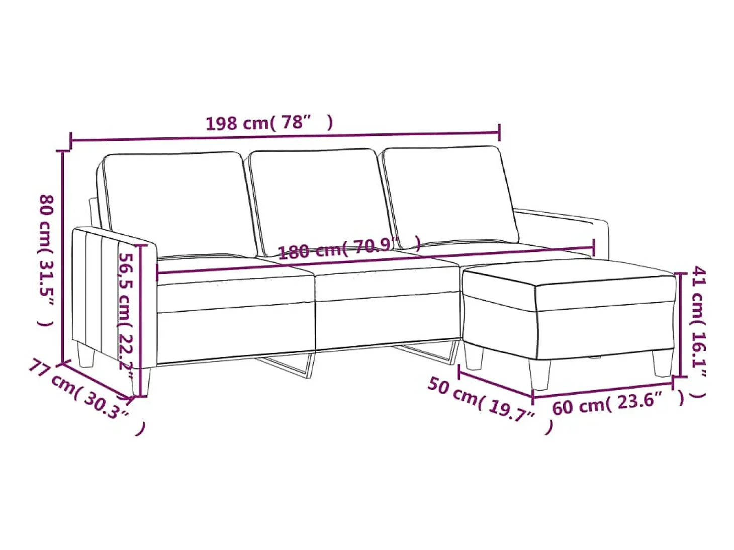 Sofá de 3 plazas con taburete de tela negro 180 cm