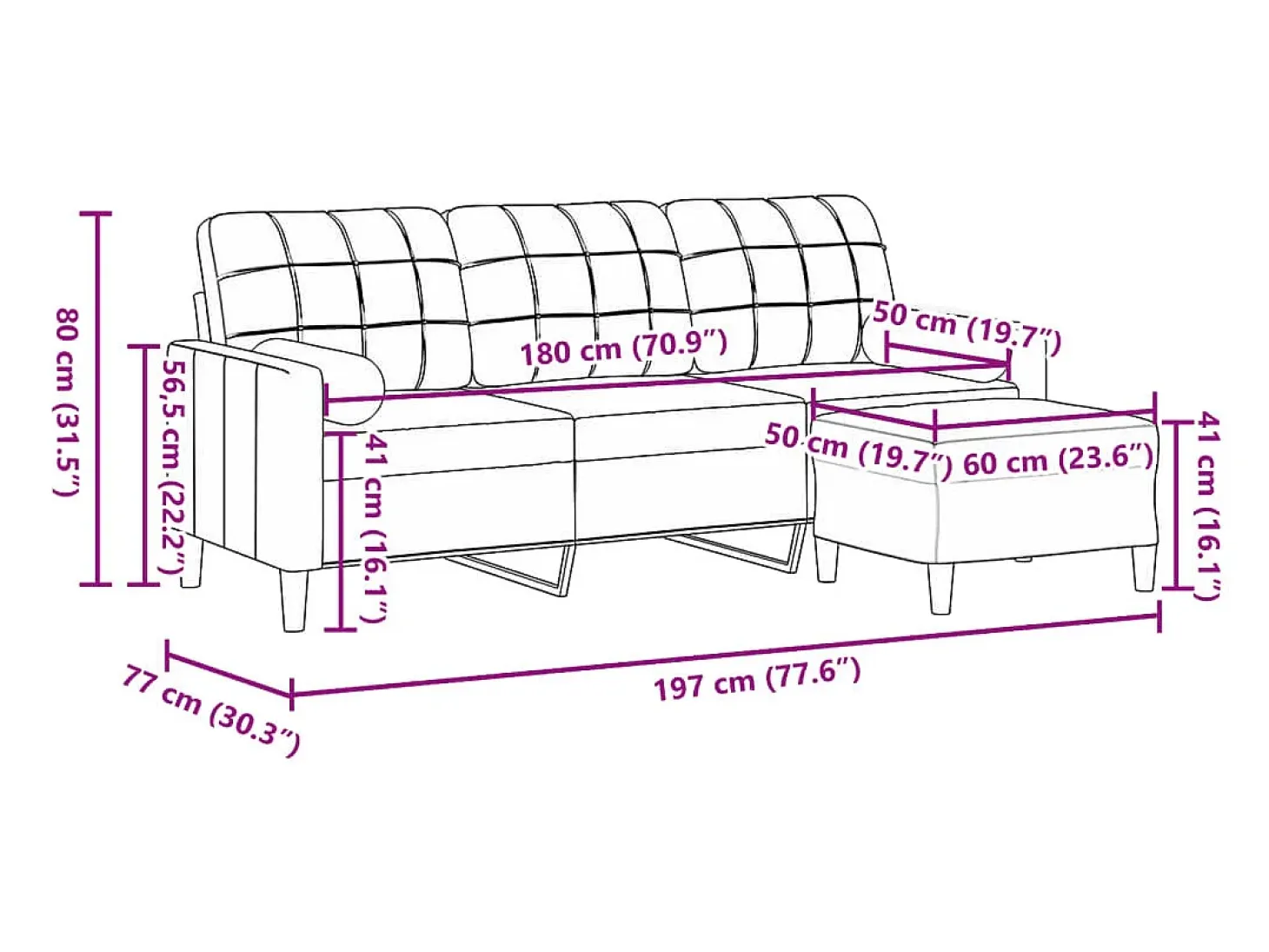 Sofá de 3 plazas con taburete de terciopelo marrón 180 cm