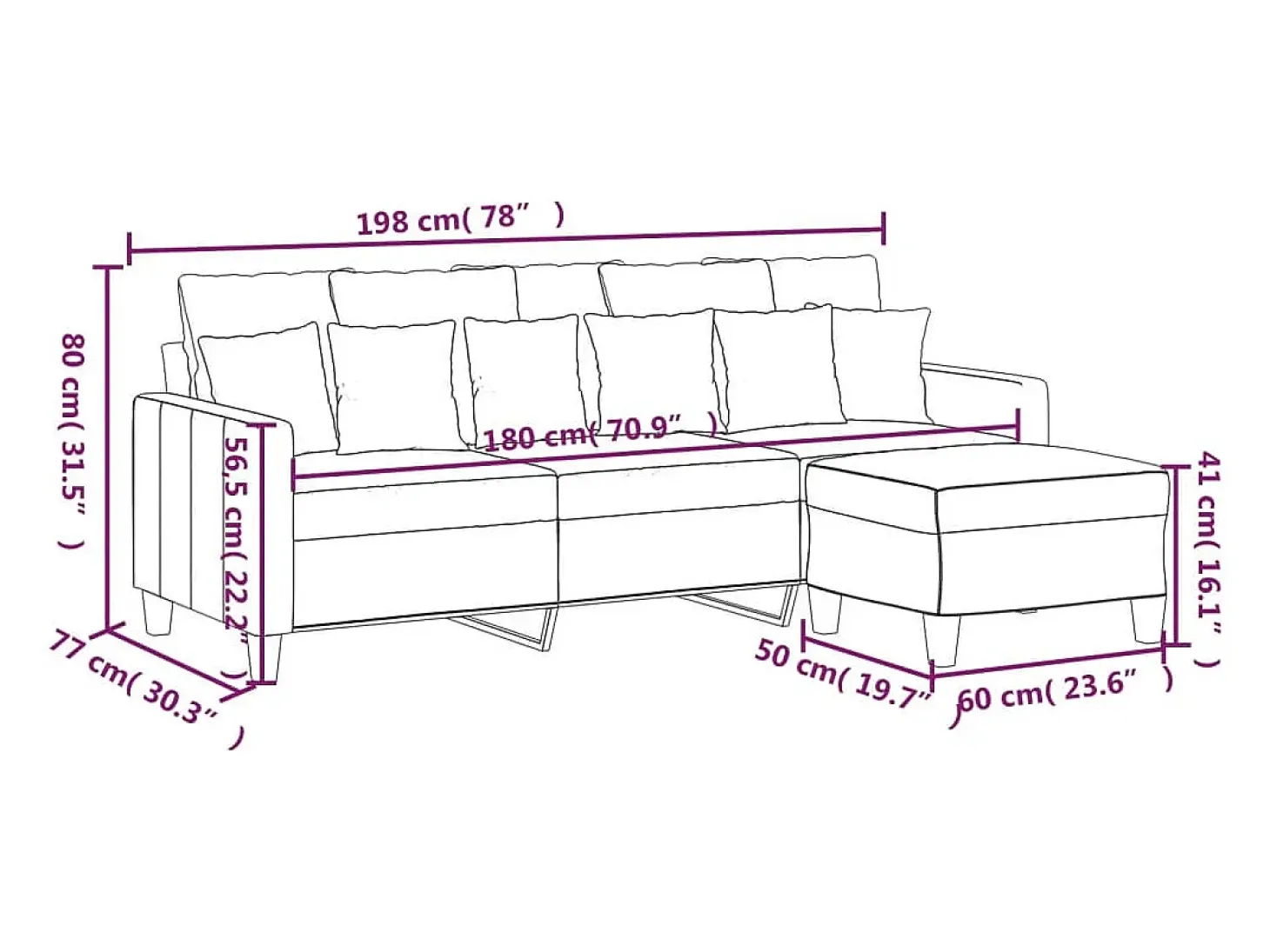Sofá de 3 plazas con taburete de tela crema 180 cm