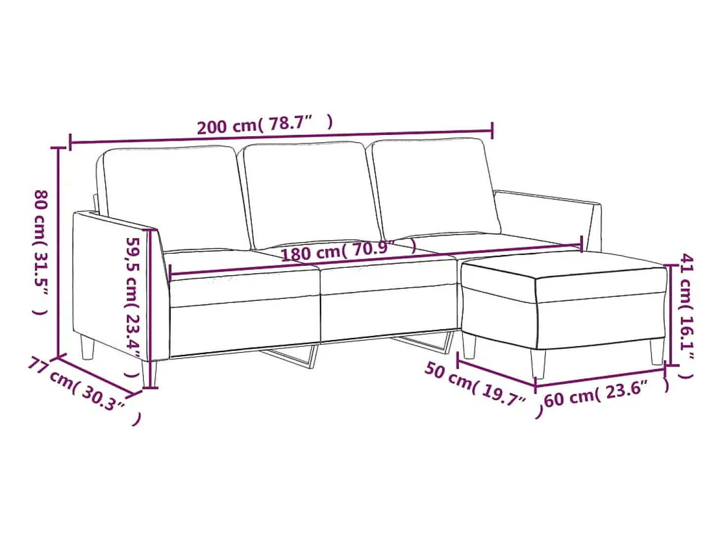 Sofá de 3 plazas con taburete cuero sintético negro 180 cm