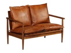 Sofá de 2 plazas cuero auténtico con madera de acacia marrón