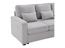 Sofá de 4 plazas de lino gris claro con puertos USB, consola y portavasos, Con cojines y reposabrazos, ideal para salón u oficina