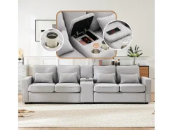 Sofá de 4 plazas de lino gris claro con puertos USB, consola y portavasos, Con cojines y reposabrazos, ideal para salón u oficina