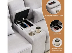 Sofá de 4 plazas de lino gris claro con puertos USB, consola y portavasos, Con cojines y reposabrazos, ideal para salón u oficina