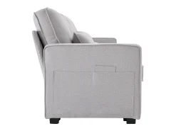 Sofá de 4 plazas de lino gris claro con puertos USB, consola y portavasos, Con cojines y reposabrazos, ideal para salón u oficina
