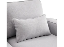 Sofá de 4 plazas de lino gris claro con puertos USB, consola y portavasos, Con cojines y reposabrazos, ideal para salón u oficina