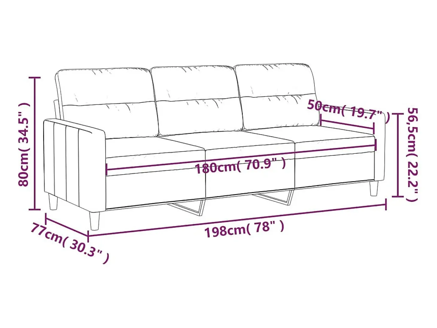 Sofá de 3 plazas de tela crema 180 cm