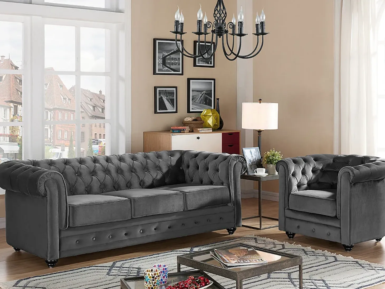 Sofá de 2 plazas de terciopelo azul pastel CHESTERFIELD