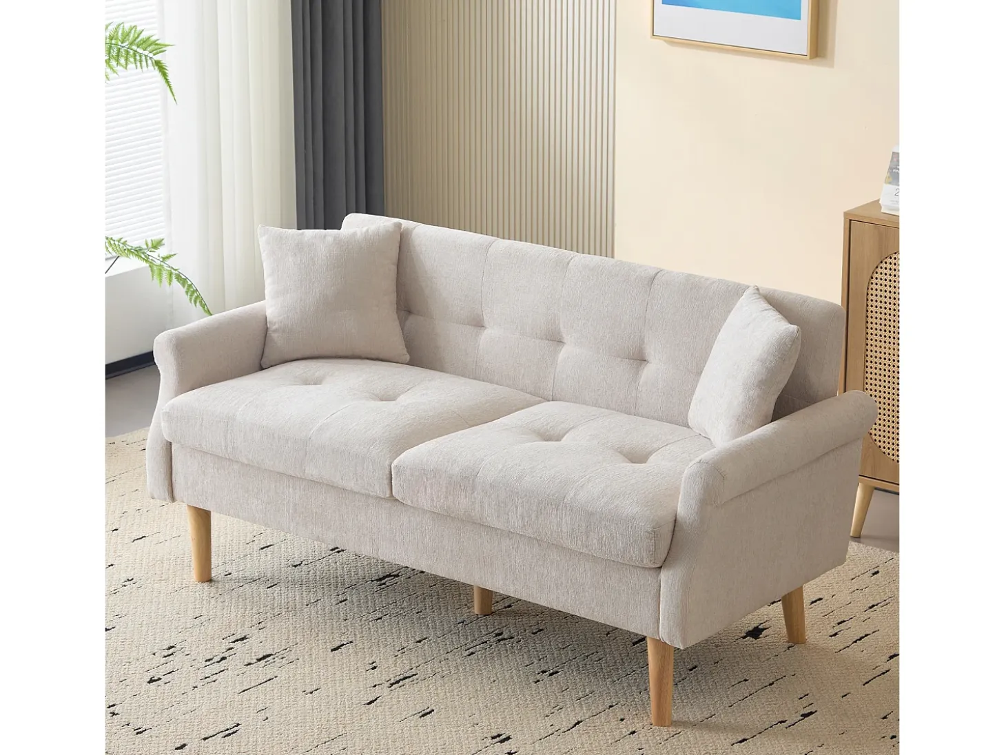 Sofá de 2 plazas en tejido chenilla con cojines gruesos - 162 x 74 x 77 cm - para salón, dormitorio - Beige
