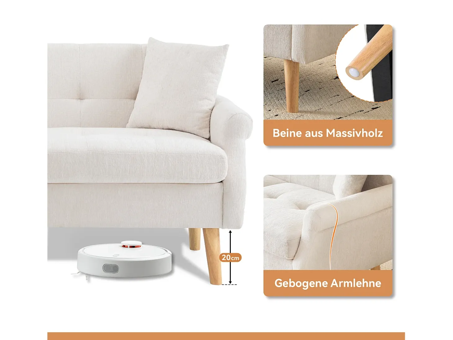 Sofá de 2 plazas en tejido chenilla con cojines gruesos - 162 x 74 x 77 cm - para salón, dormitorio - Beige