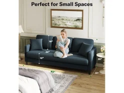 Sofá de 3 plazas en terciopelo de peluche, comodidad de sofá derecha grande en madera maciza, envejecimiento con reposabrazos, 210 x 79 x 89 cm, azul-gris