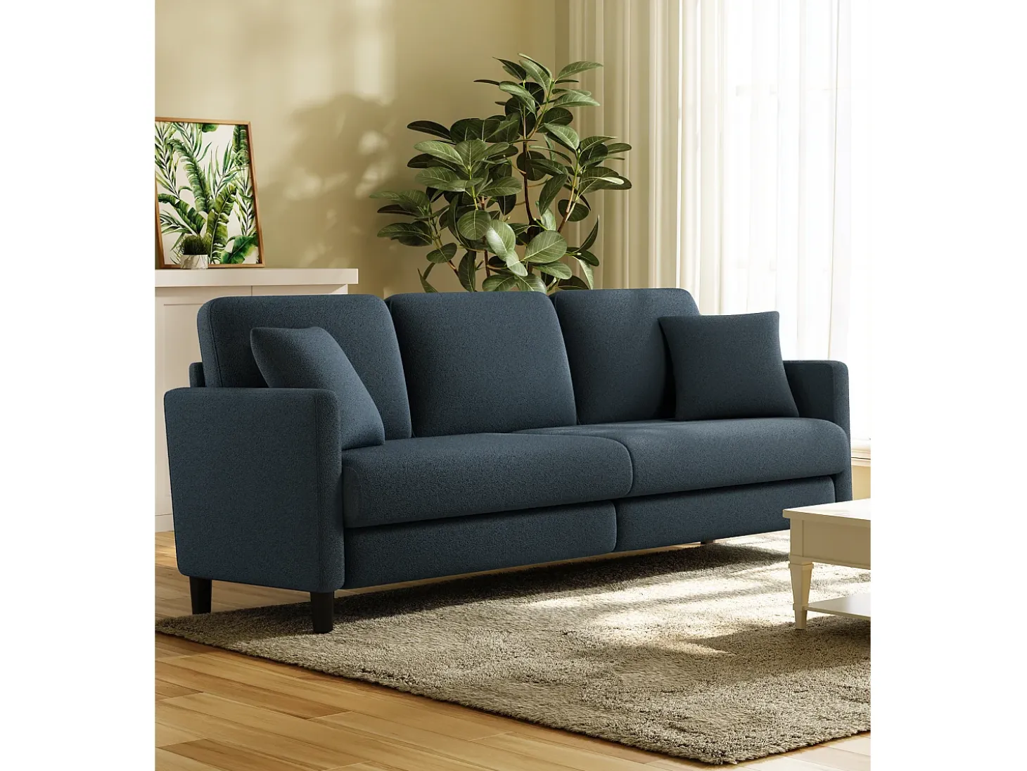 Sofá de 3 plazas en terciopelo de peluche, comodidad de sofá derecha grande en madera maciza, envejecimiento con reposabrazos, 210 x 79 x 89 cm, azul-gris