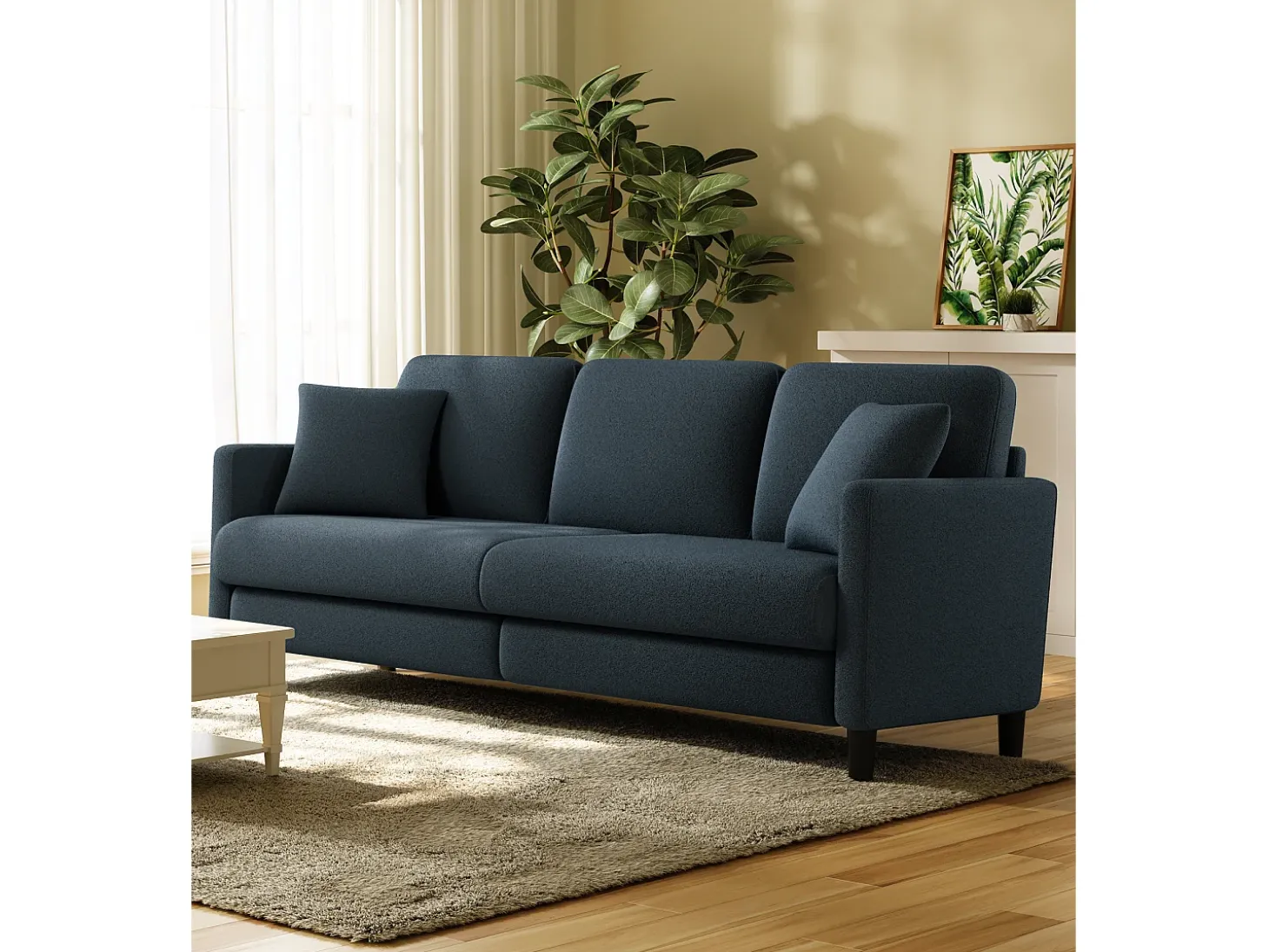 Sofá de 3 plazas en terciopelo de peluche, comodidad de sofá derecha grande en madera maciza, envejecimiento con reposabrazos, 210 x 79 x 89 cm, azul-gris
