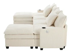 Sofá de 4 plazas, sofá esquinero con espacio de almacenamiento, portavasos y puerto USB - Pana beige