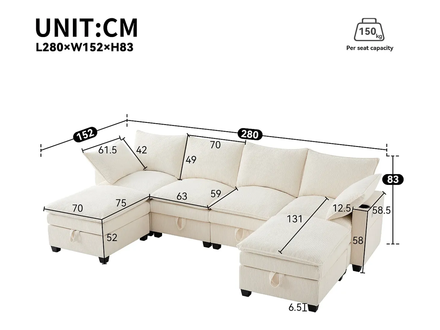 Sofá de 4 plazas, sofá esquinero con espacio de almacenamiento, portavasos y puerto USB - Pana beige