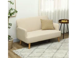 Sofá de 2 plazas, terciopelo grueso, patas de madera, color crema (130x74x79 cm)
