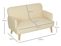 Sofá de 2 plazas, terciopelo grueso, patas de madera, color crema (130x74x79 cm)