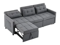 Sofá de esquina 3 plazas - Respaldo ajustable - Plegable para almacenamiento - Móvil - Bolsillos laterales - Gris