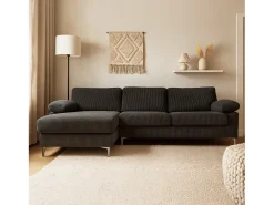 Sofá de esquina 4-5 plazas con chaise longue izquierda de terciopelo acanalado gris antracita GALWAY