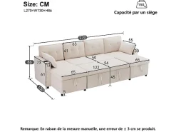 Sofá de esquina convertible con 2 cajones de almacenamiento, cojín y portavasos - Algodón y lino - 270×130×86 cm - Beige