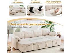 Sofá de esquina convertible con 2 cajones de almacenamiento, cojín y portavasos - Algodón y lino - 270×130×86 cm - Beige