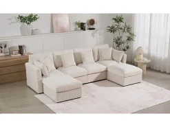 Sofá de esquina en forma de U - 6 plazas - con reposabrazos ajustables - con reposapiés desmontable - Pana acanalada - gris