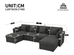 Sofá de esquina en forma de U - 6 plazas - con reposabrazos ajustables - con reposapiés desmontable - Pana acanalada - gris