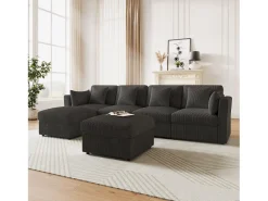 Sofá de esquina en forma de U - 6 plazas - con reposabrazos ajustables - con reposapiés desmontable - Pana acanalada - gris