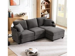 Sofá de esquina en L - 3 plazas - con reposapiés + portavasos - cargador USB - 2 cojines - Gris oscur