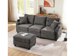 Sofá de esquina en L - 3 plazas - con reposapiés + portavasos - cargador USB - 2 cojines - Gris oscur