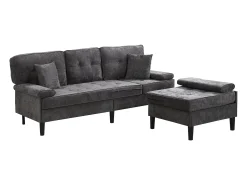 Sofá de esquina en L 3 plazas - con 2 cojines - Pouf removible - Tela chenille - Gris
