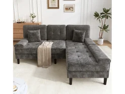 Sofá de esquina en L 3 plazas - con 2 cojines - Pouf removible - Tela chenille - Gris