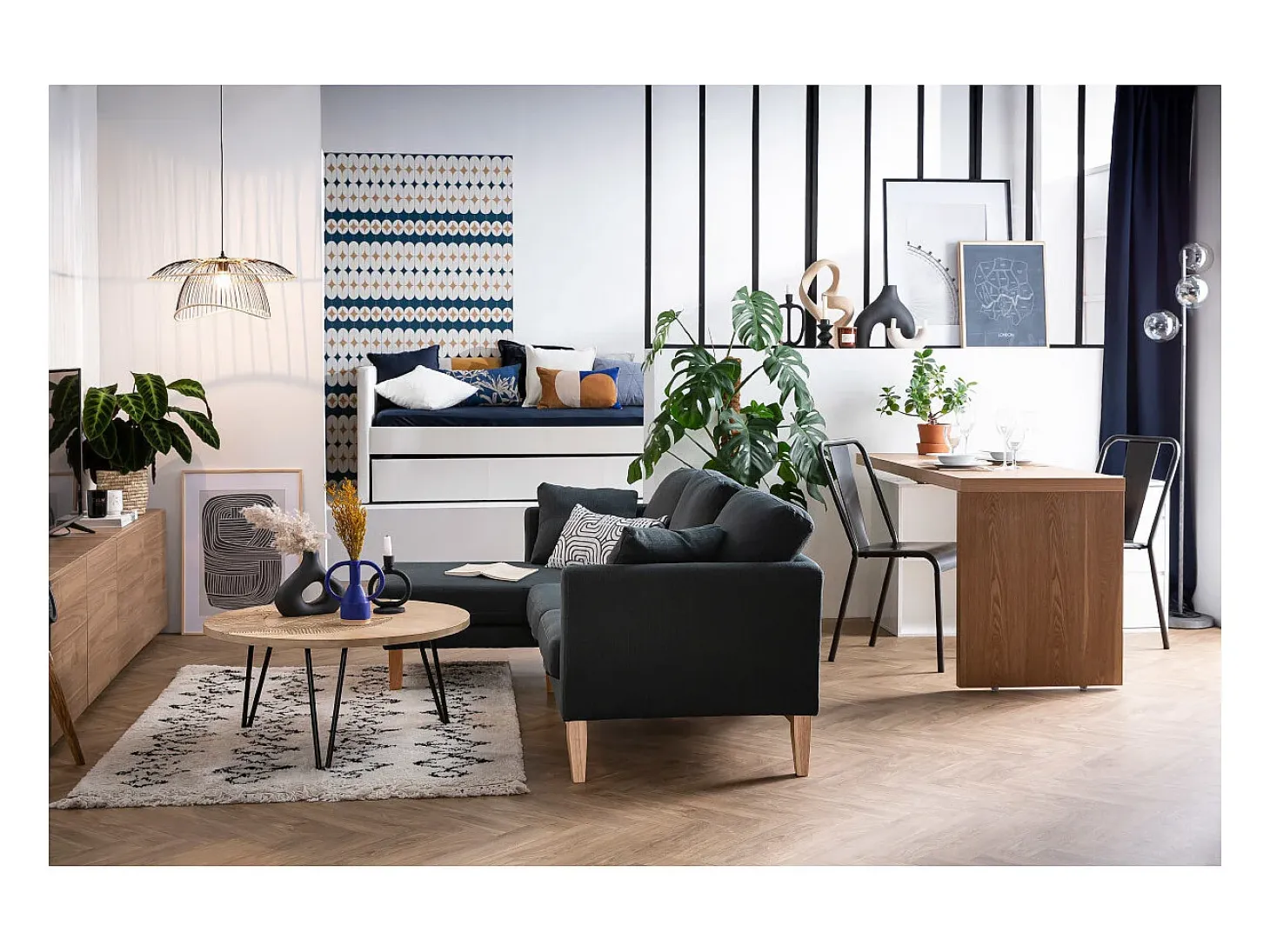Sofá de esquina izquierda nórdico en tejido azul lago desenfundable OSLO