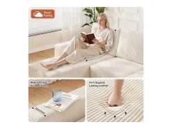 Sofá de esquina izquierda modular 3 plazas en pana, con 2 cojines, chaise longue 70x125cm, Beige