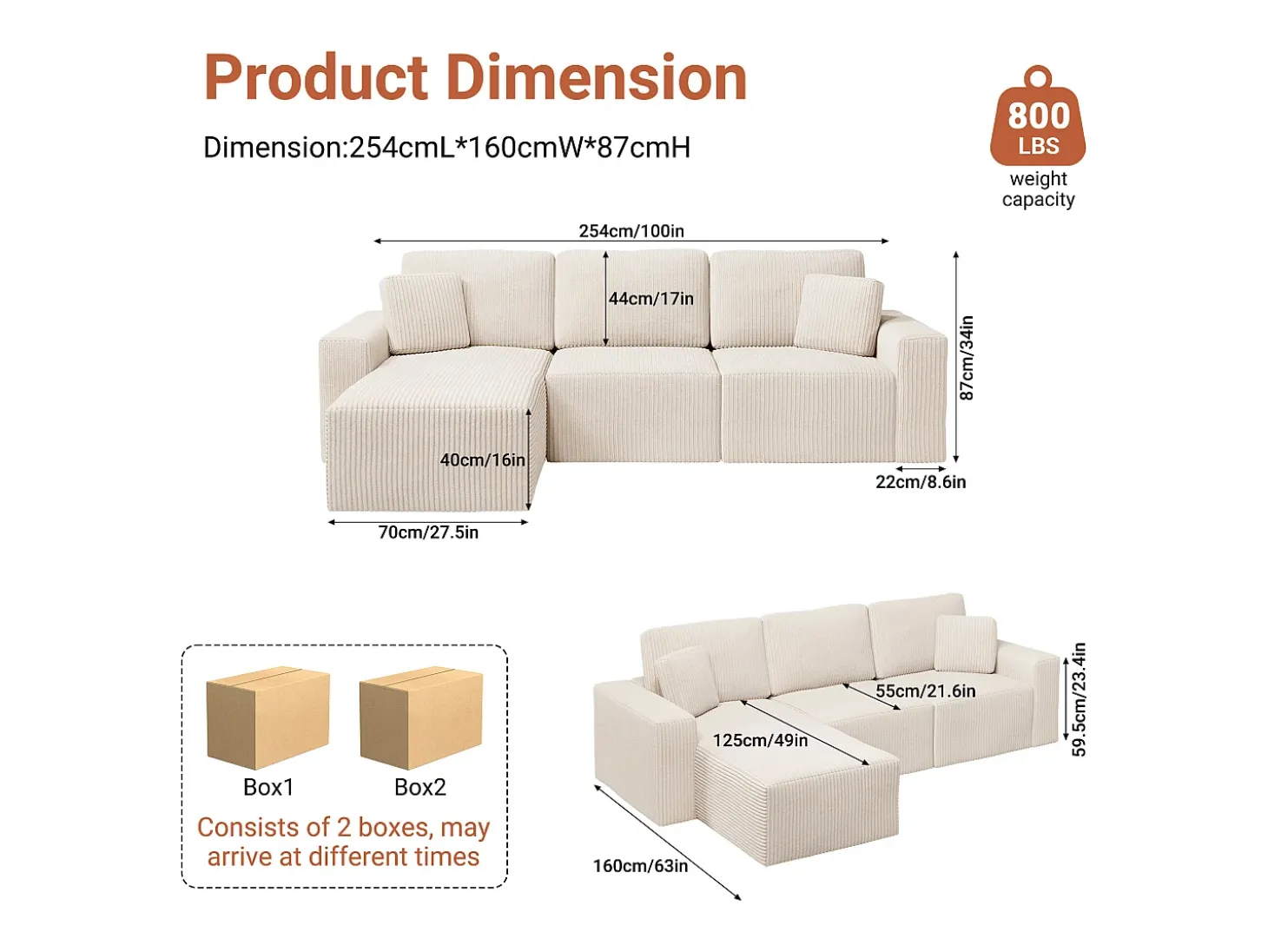 Sofá de esquina izquierda modular 3 plazas en pana, con 2 cojines, chaise longue 70x125cm, Beige