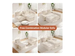 Sofá de esquina izquierda modular 3 plazas en pana, con 2 cojines, chaise longue 70x125cm, Beige