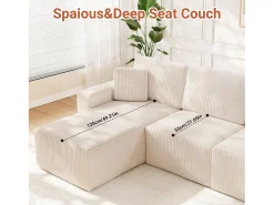 Sofá de esquina izquierda modular 3 plazas en pana, con 2 cojines, chaise longue 70x125cm, Beige