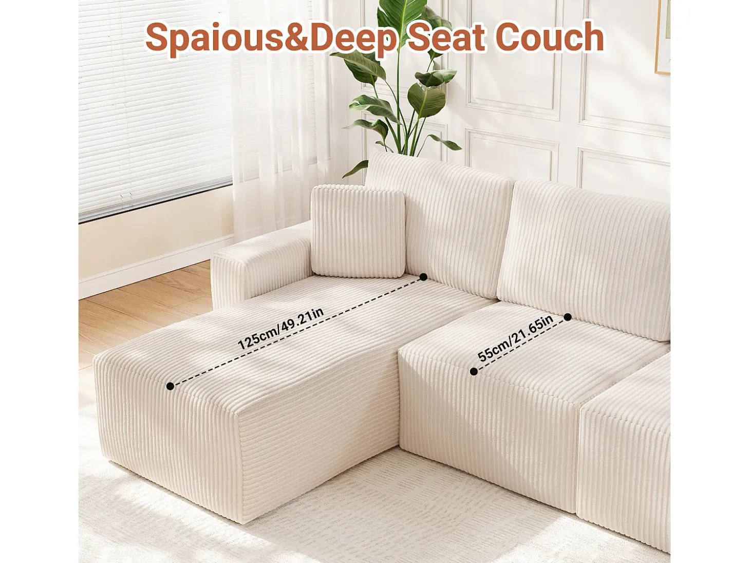 Sofá de esquina izquierda modular 3 plazas en pana, con 2 cojines, chaise longue 70x125cm, Beige