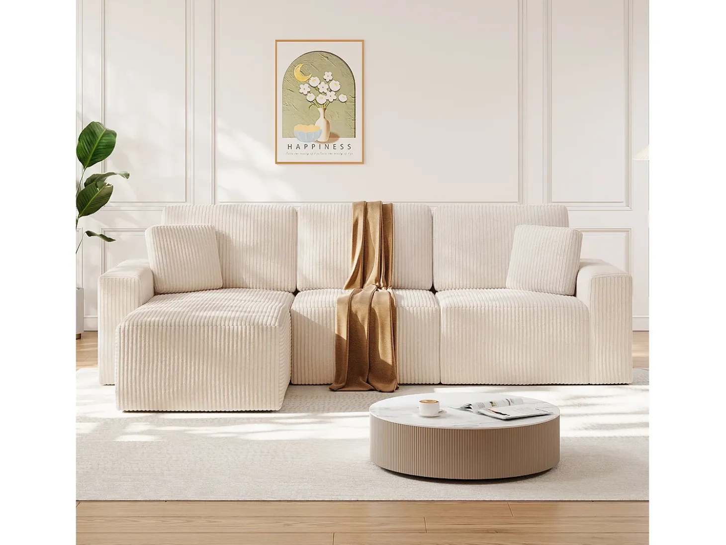 Sofá de esquina izquierda modular 3 plazas en pana, con 2 cojines, chaise longue 70x125cm, Beige