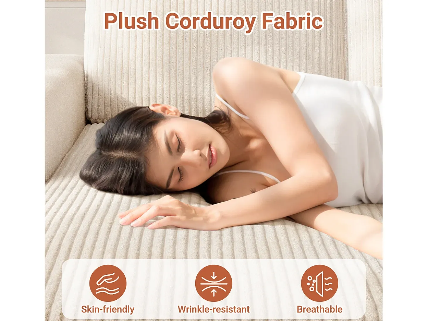 Sofá de esquina izquierda modular 3 plazas en pana, con 2 cojines, chaise longue 70x125cm, Beige