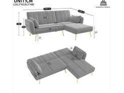 Sofá de esquina moderno en L - 3 plazas - respaldo plegable - Terciopelo - Gris