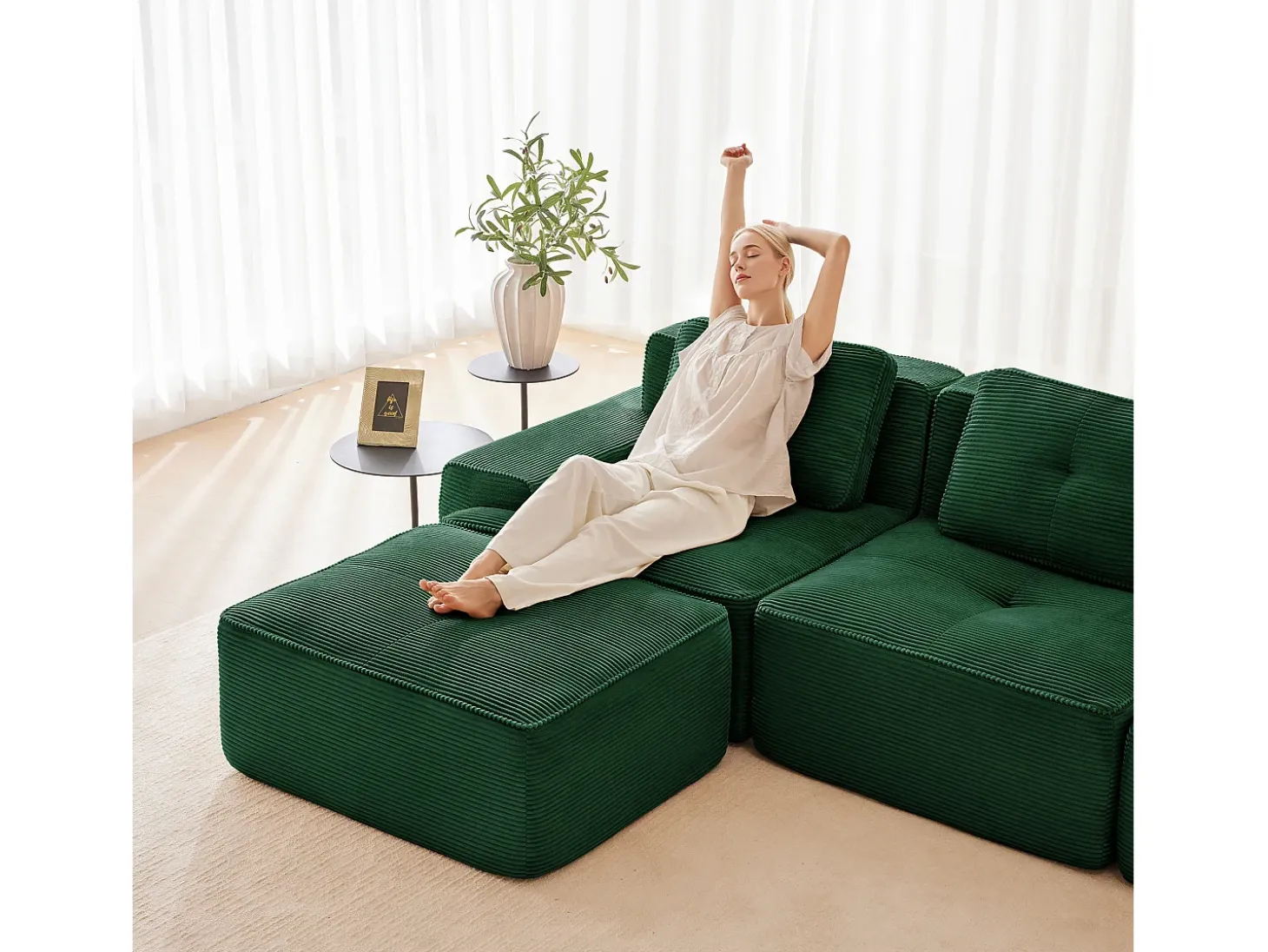 Sofá de Esquina Modular en Pana, con 2 otomanas y 2 cojines, 204x177x69cm, Verde