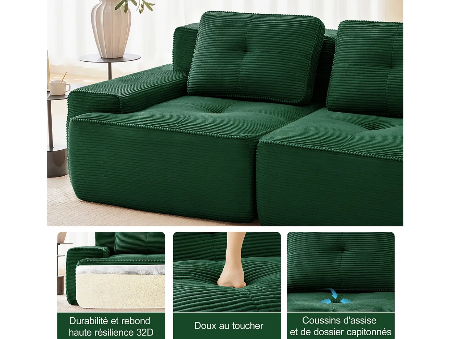 Sofá de Esquina Modular en Pana, con 2 otomanas y 2 cojines, 204x177x69cm, Verde