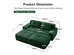 Sofá de Esquina Modular en Pana, con 2 otomanas y 2 cojines, 204x177x69cm, Verde